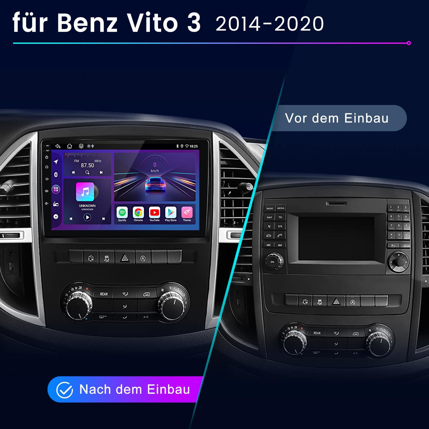 Vergleich von Auto-Infotainmentsystemen: Vor und nach dem Einbau für Benz Vito.