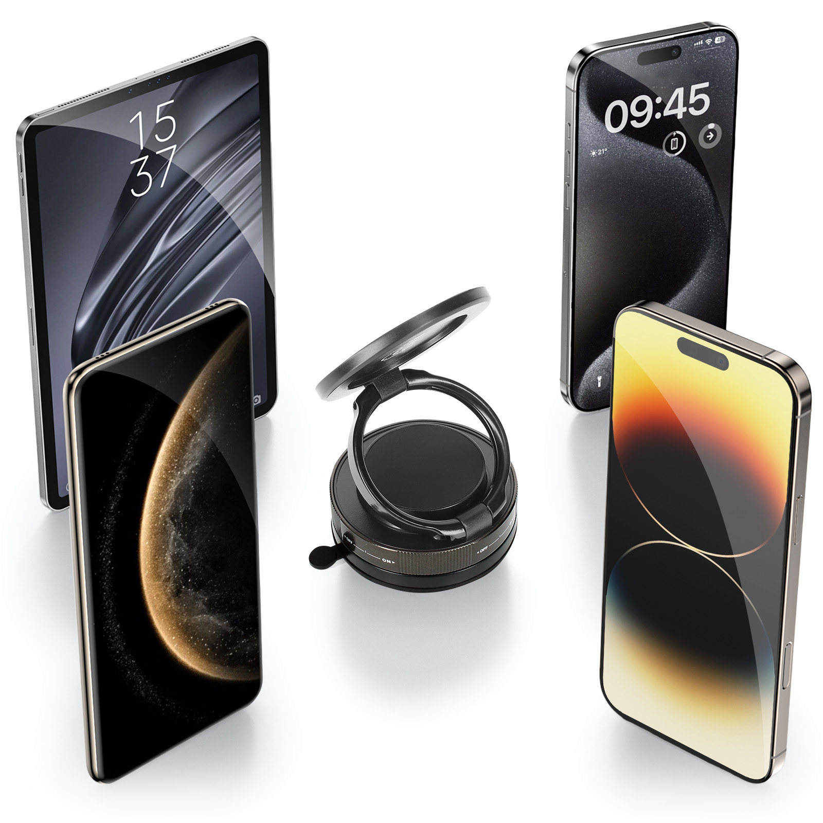 Quattro smartphone e un supporto ad anello su sfondo bianco.