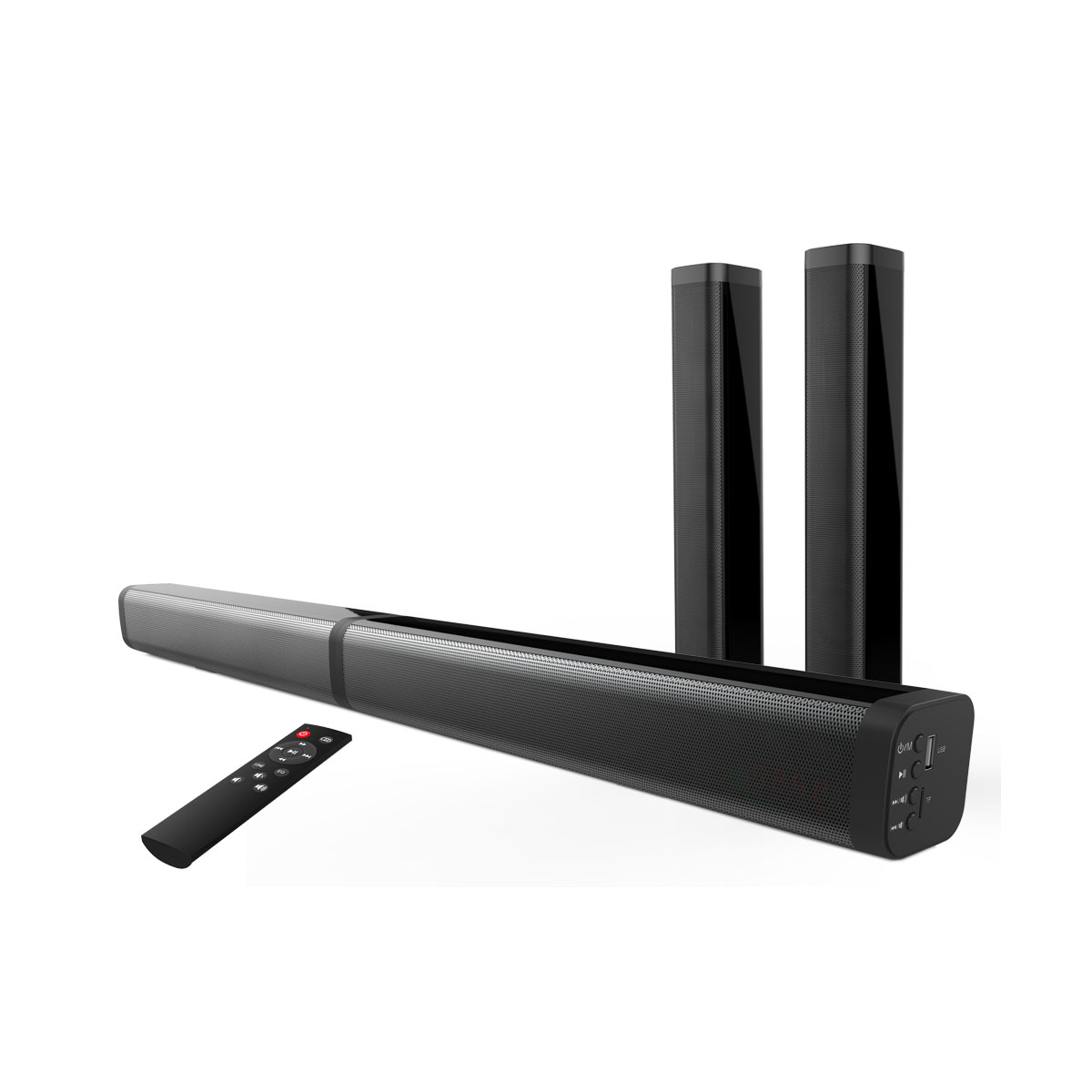 Schwarzer Soundbar mit zwei schlanken Lautsprechern und Fernbedienung.
