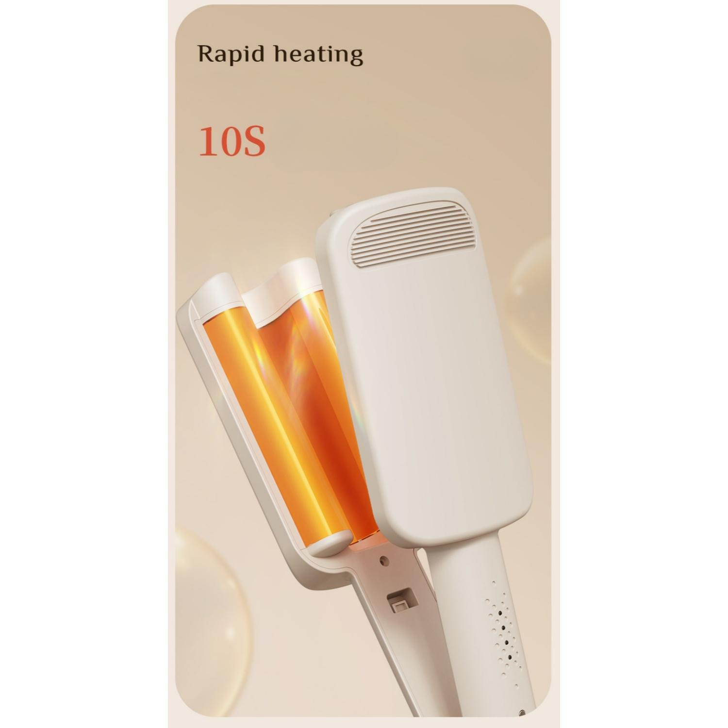 Ein weißer Lockenstab mit orangefarbenen Heizstäben und der Aufschrift "Rapid heating 10S".