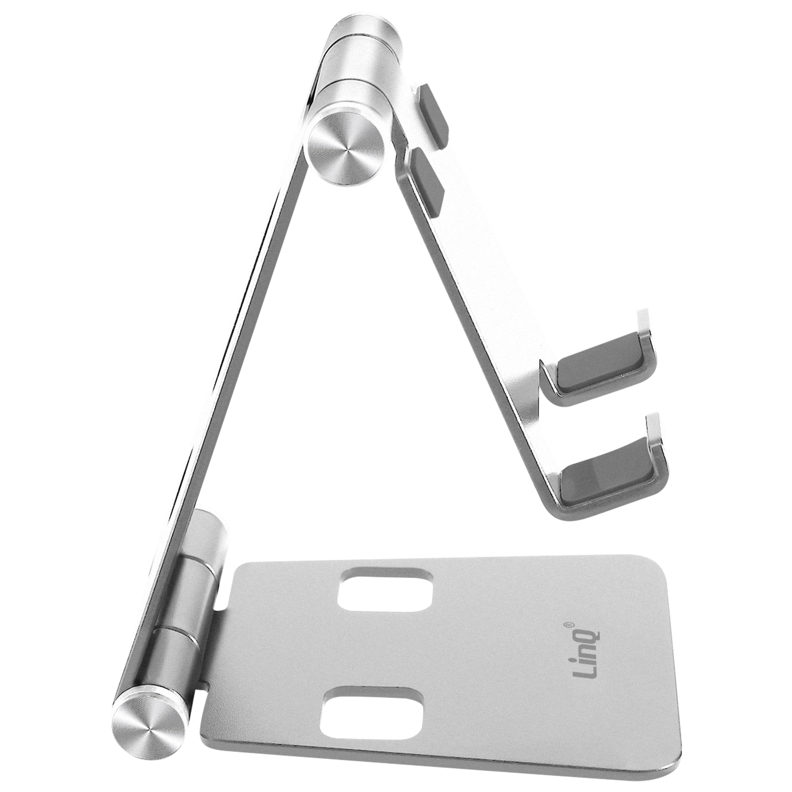 Un supporto per tablet in metallo argentato con bracci regolabili.