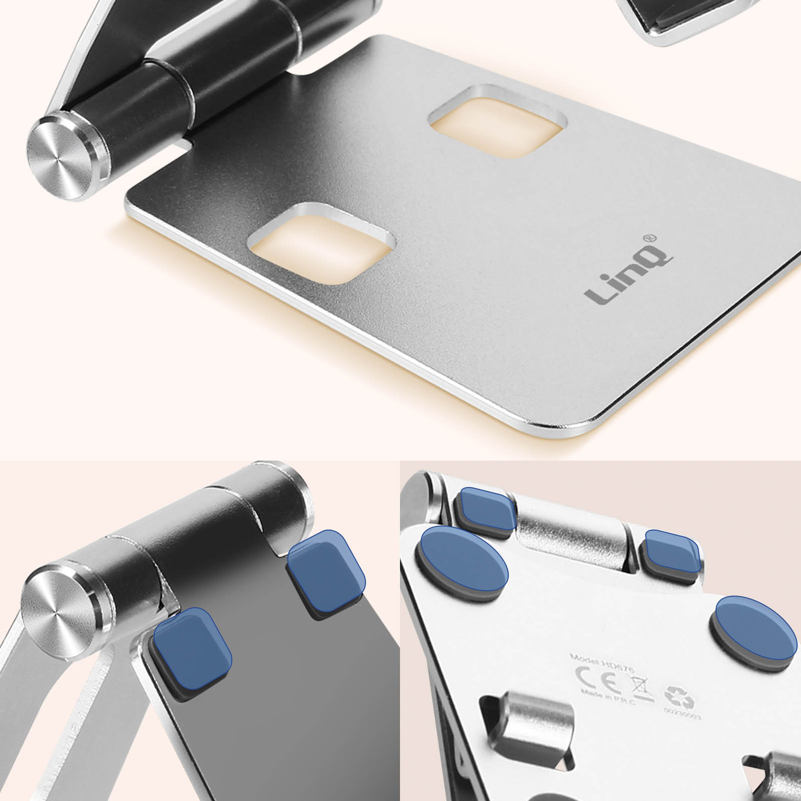 Supporto argentato con gommini blu e dettagli cerniera.