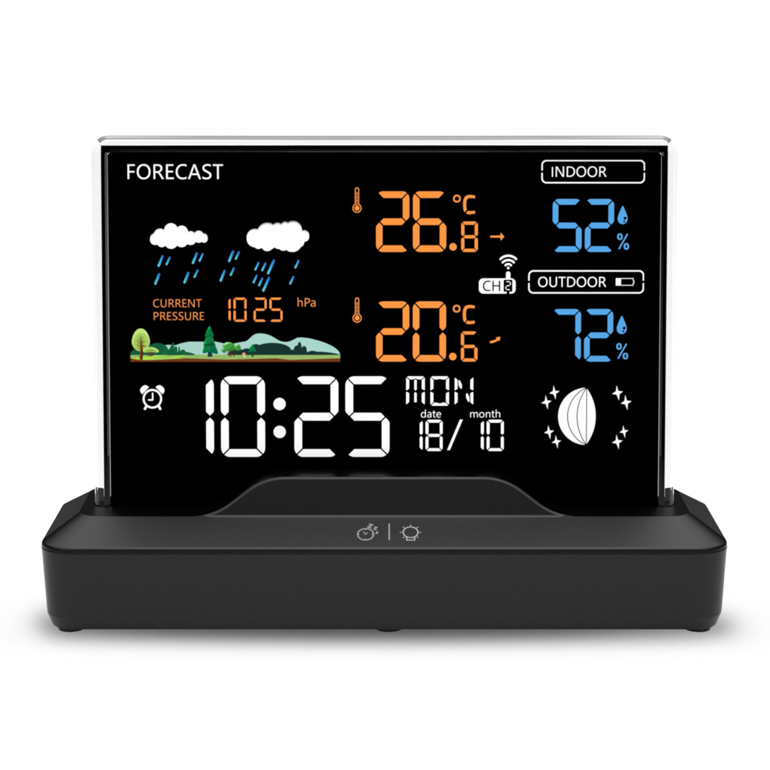 Digitaluhr mit Wettervorhersage: Regen, 26,8°C, 52% innen, 20,6°C, 72% außen.