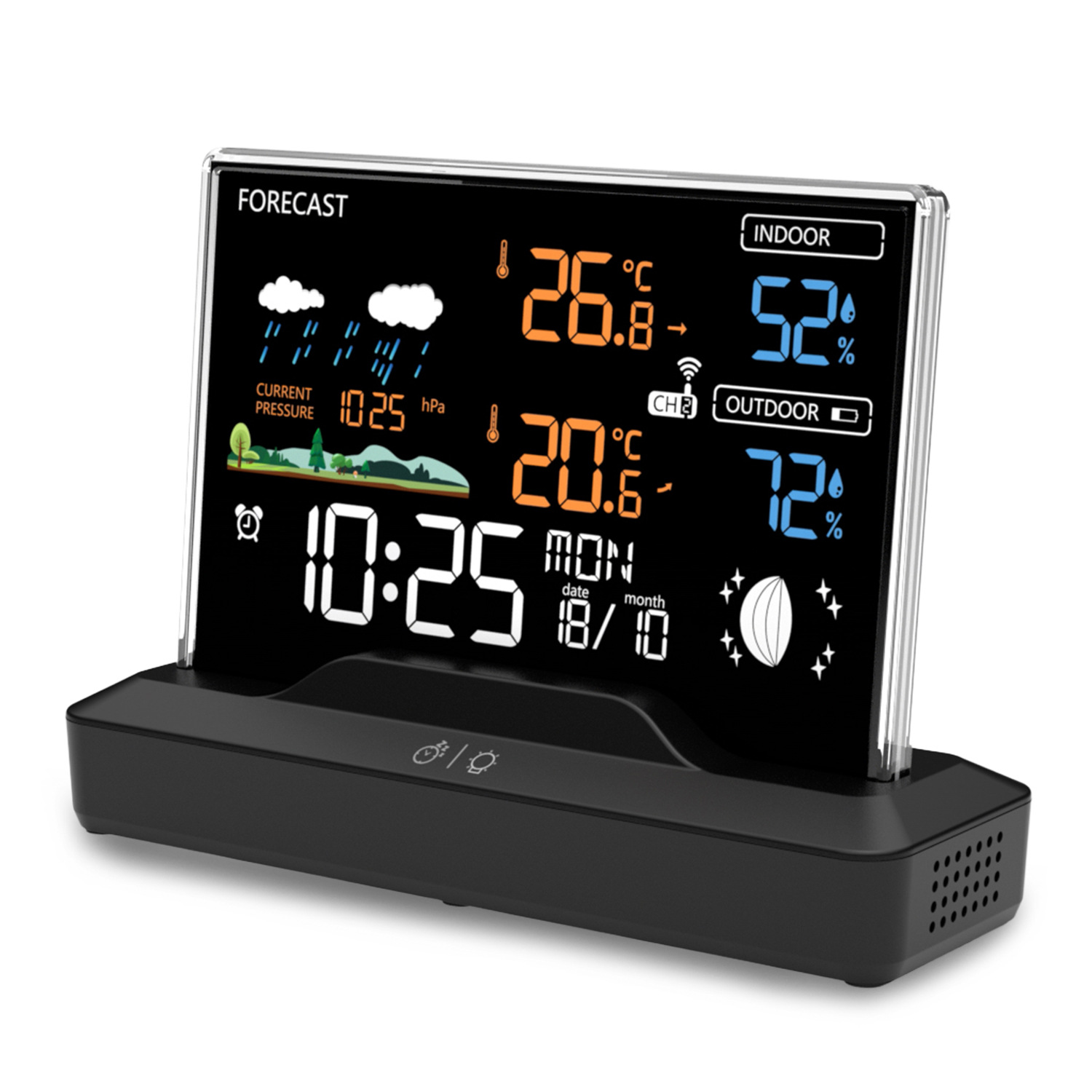 Ein schwarzes Wetterstation-Display zeigt Temperatur, Luftfeuchtigkeit, Uhrzeit und Datum.