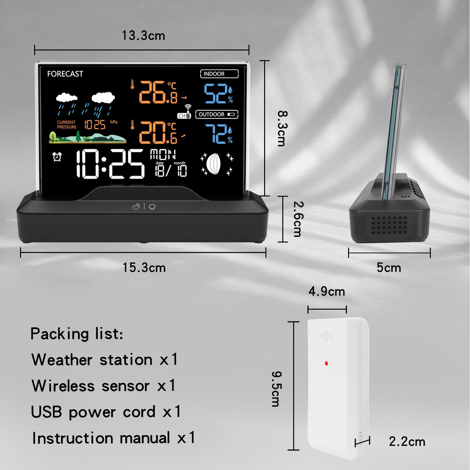 Digitales Wetterdaten-Display mit Innen-/Außentemperatur, Luftdruck und Uhrzeit.