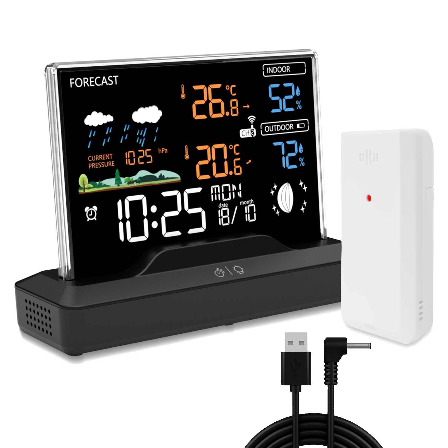 Digitales Wetterstation mit Außensensor, Uhrzeit und Datum.