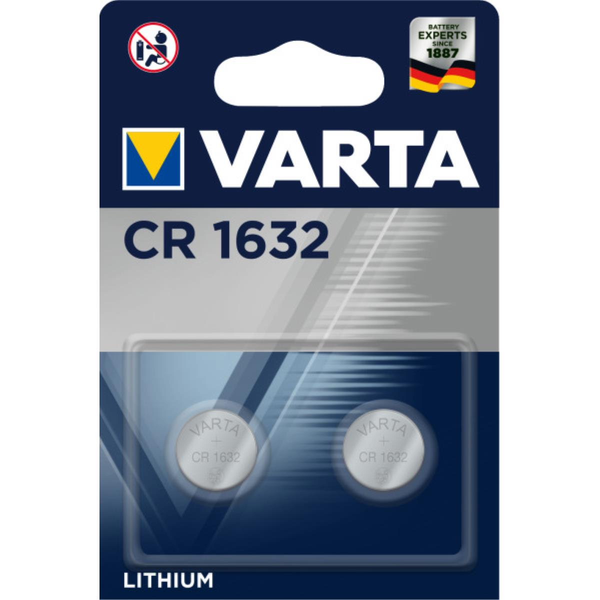 Varta CR 1632 Lithium-Knopfzellen im Blisterpack mit Logo und Warnsymbol.