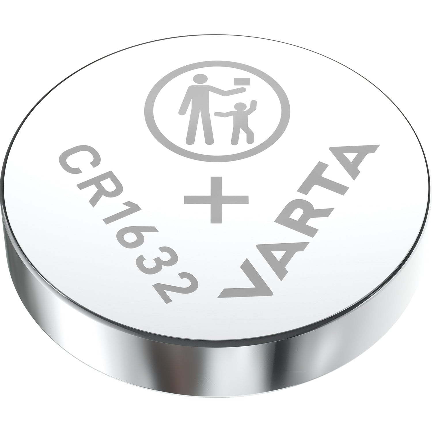 Varta CR1632 knoopcelbatterij met waarschuwingssymbool.