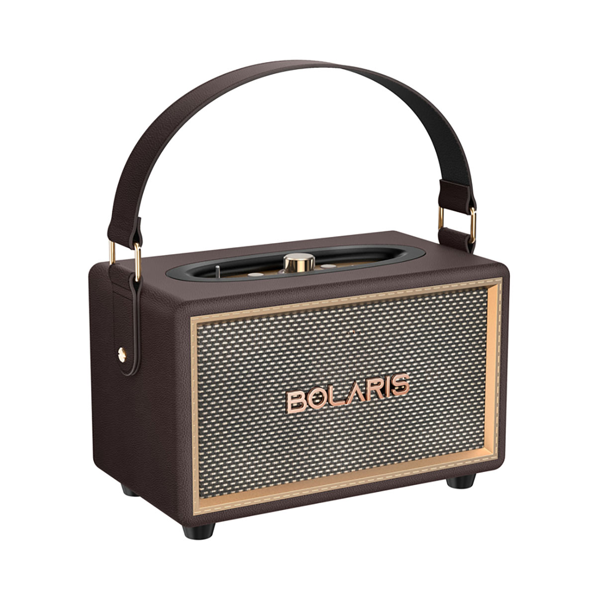 Brown speaker with a handle and fabric grill, featuring the BOLARIS logo.