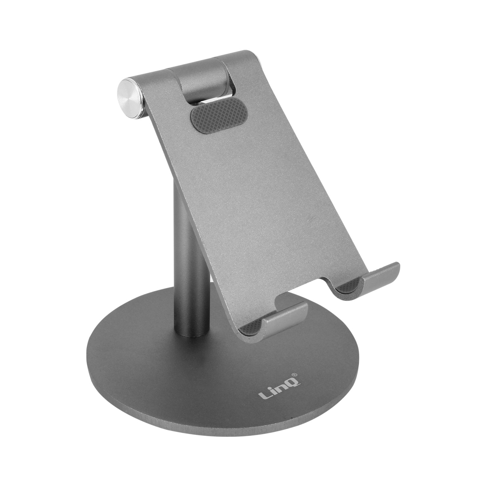Supporto grigio per telefono con base rotonda e supporto regolabile.