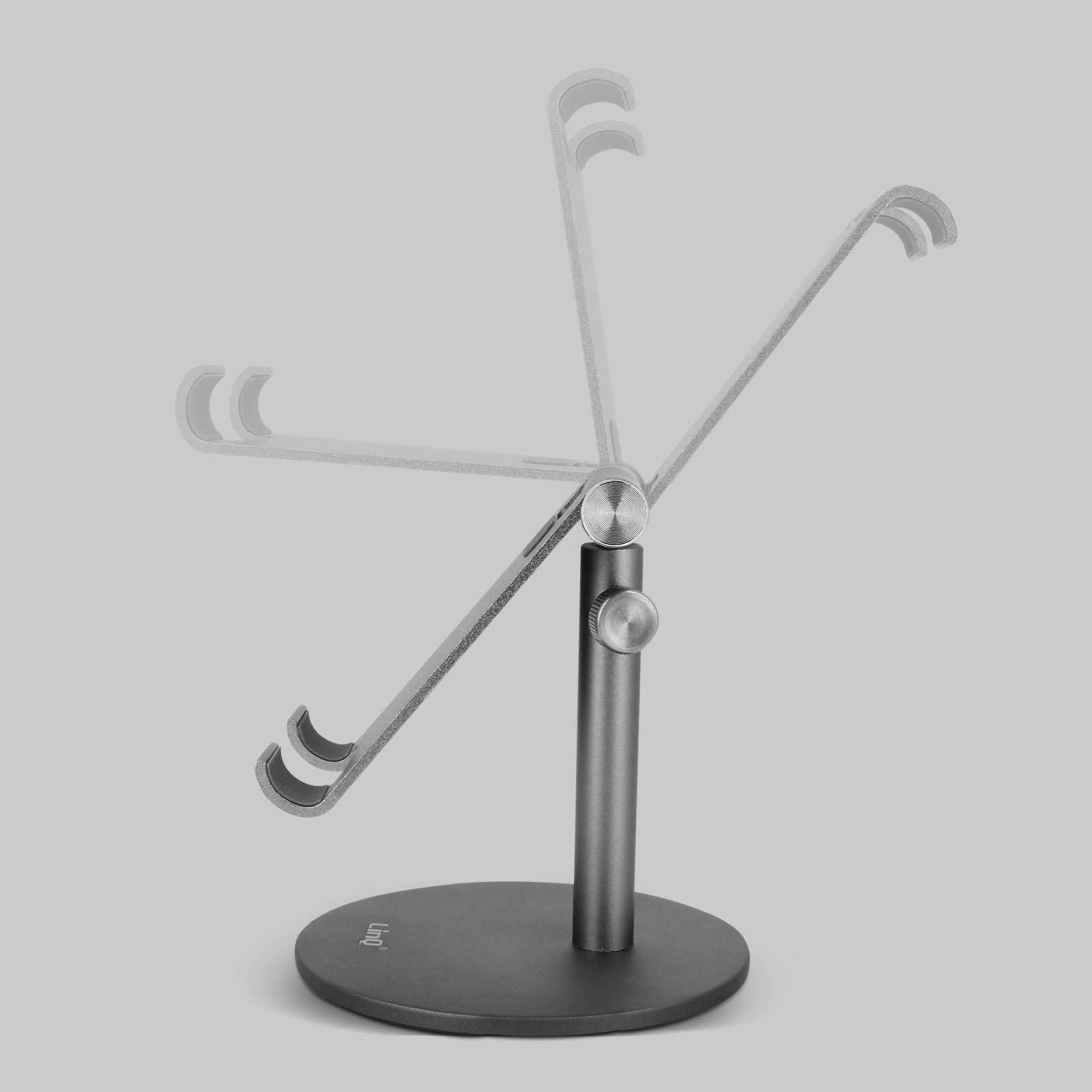 Un supporto grigio per tablet con bracci regolabili su una base rotonda.
