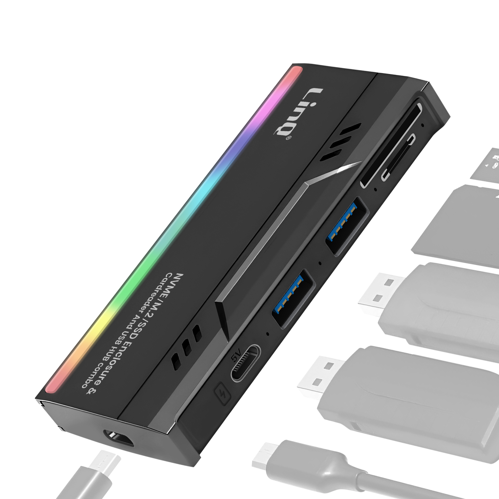 Box SSD NVMe/M.2 nero con hub USB, lettore di schede e striscia LED RGB.