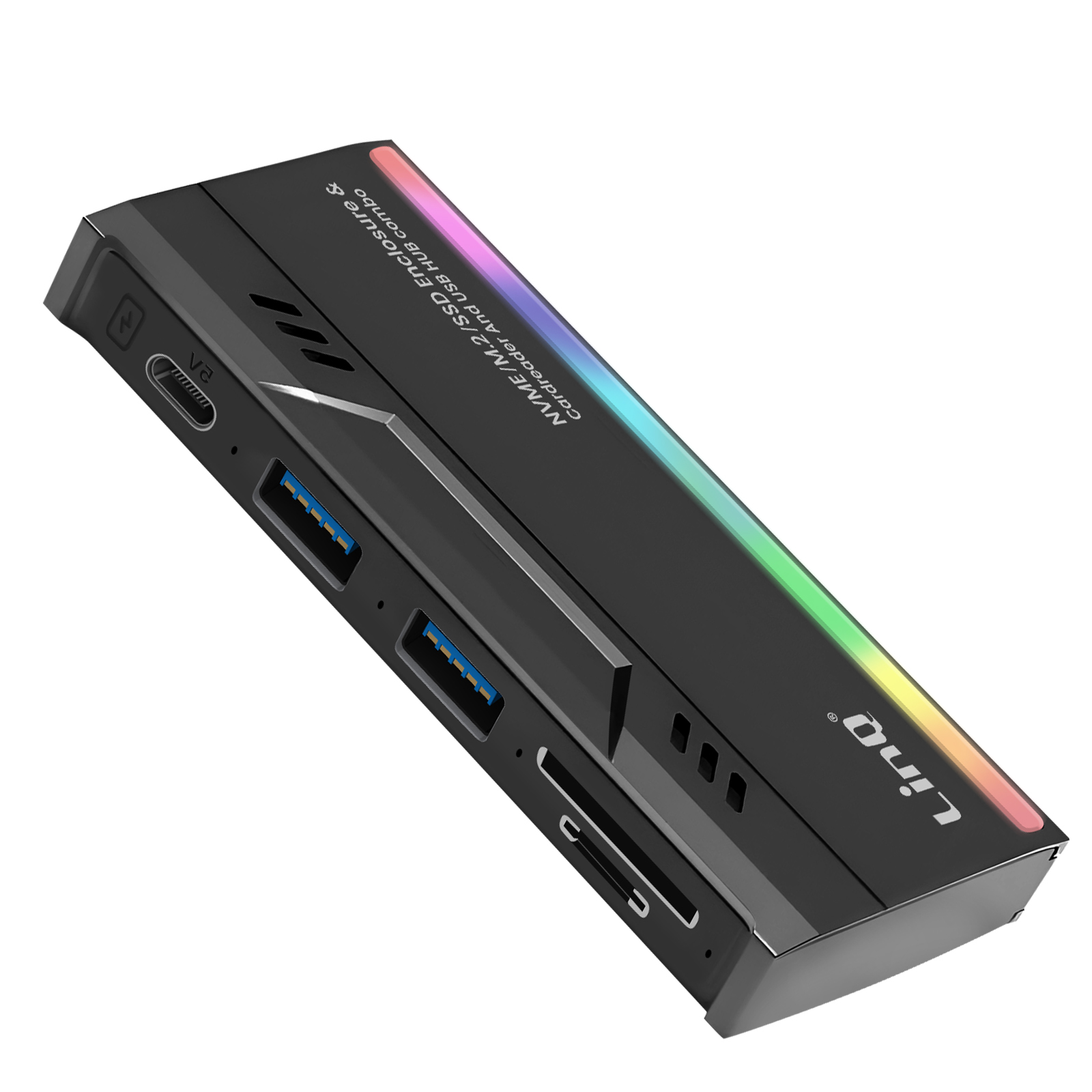 Hub enclosure nero NVMe/M.2/SSD con porte USB e illuminazione RGB.