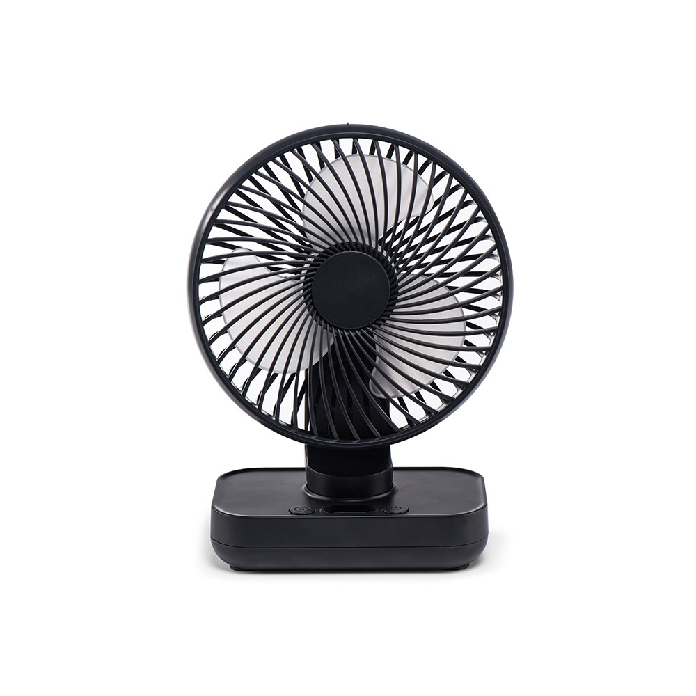 Ventilador de escritorio negro con aspas blancas y rejilla negra.