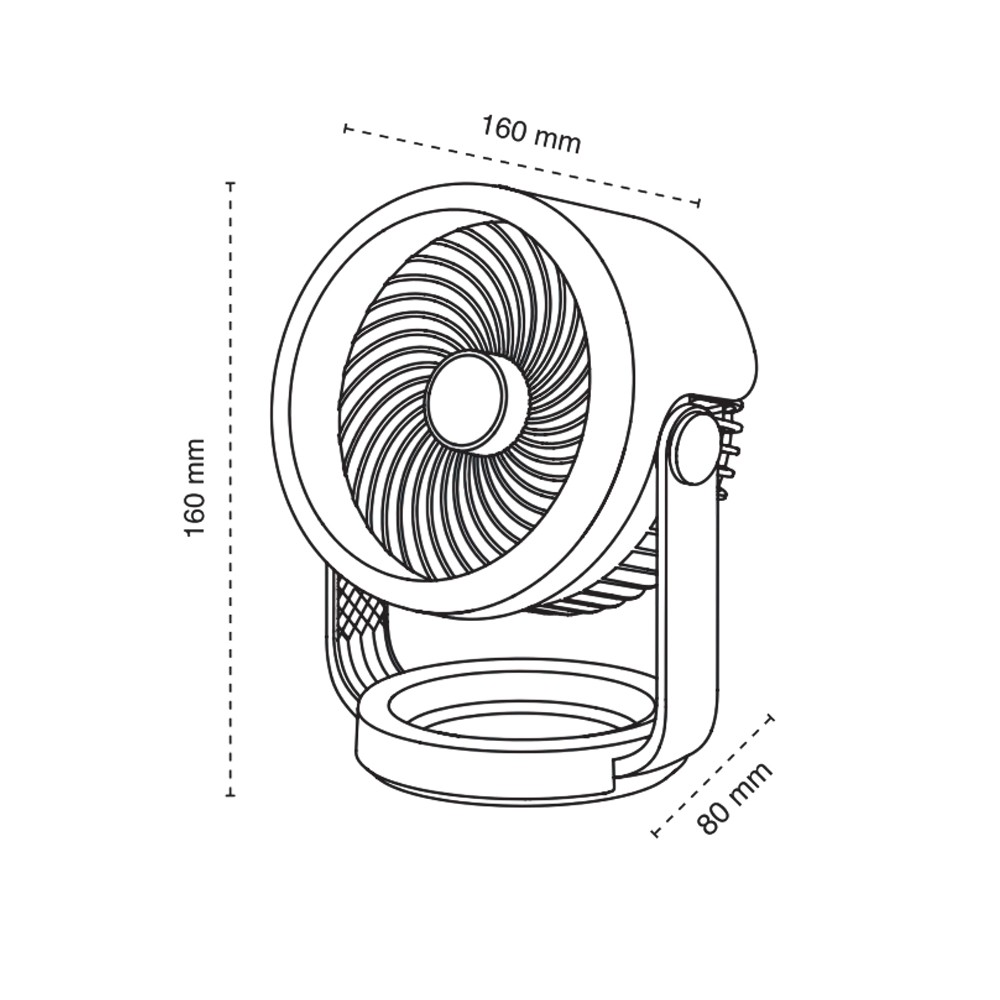 Dibujo lineal de un ventilador con dimensiones 160x160x80mm. Ventilador es blanco, con parrilla circular.