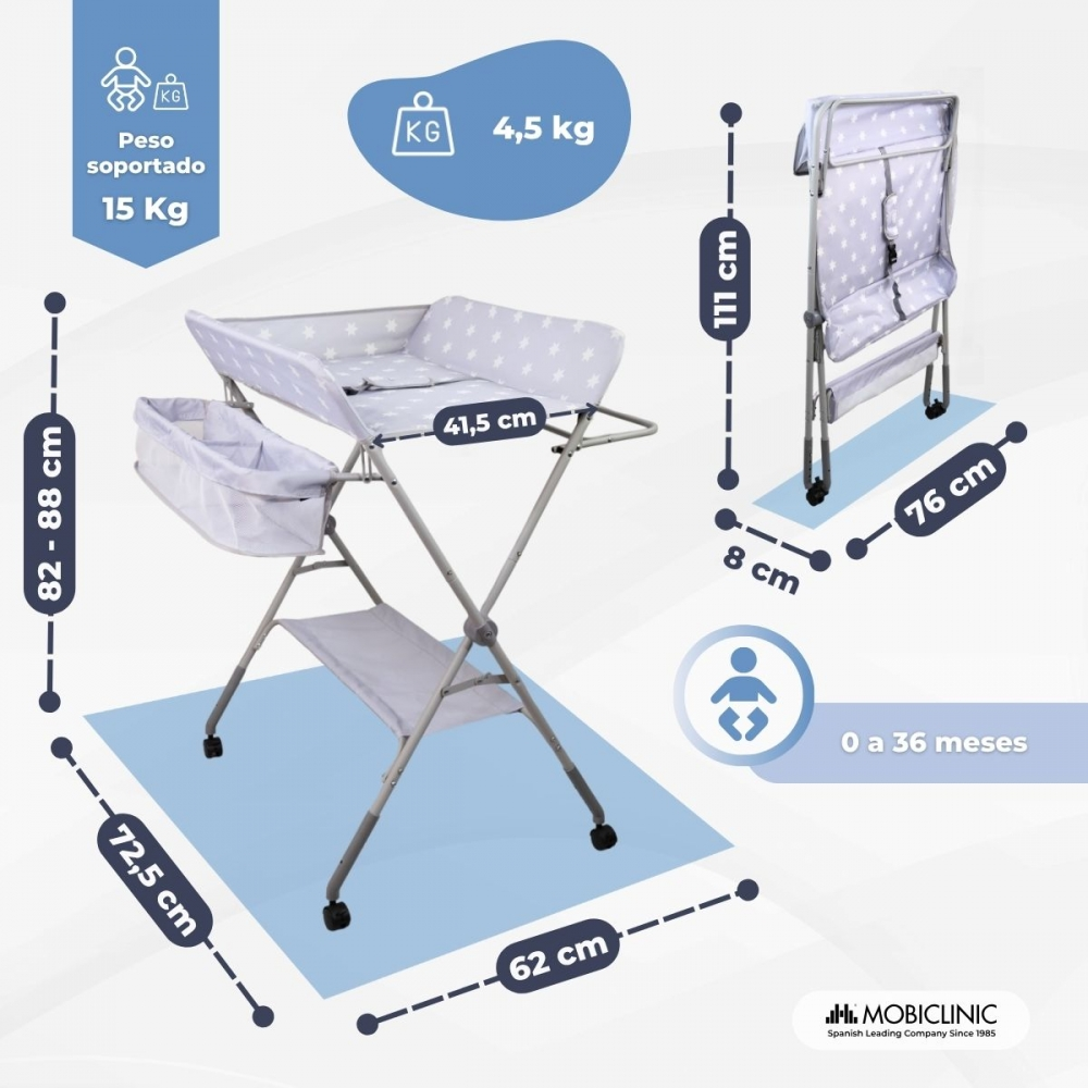 Cambiador de bebé con estampado de estrellas, medidas y pesos