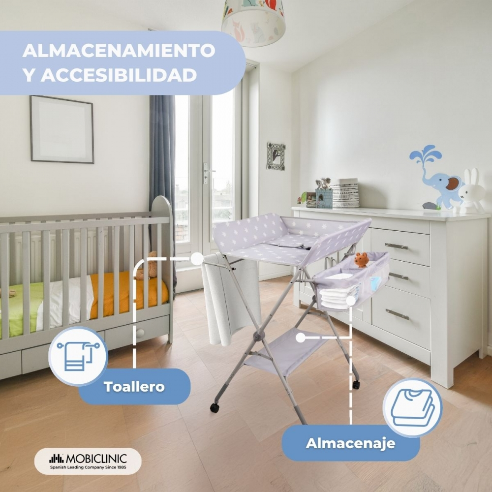 Habitación de bebé con cuna, cambiador y cómoda. Se destaca "Almacenamiento y Accesibilidad".