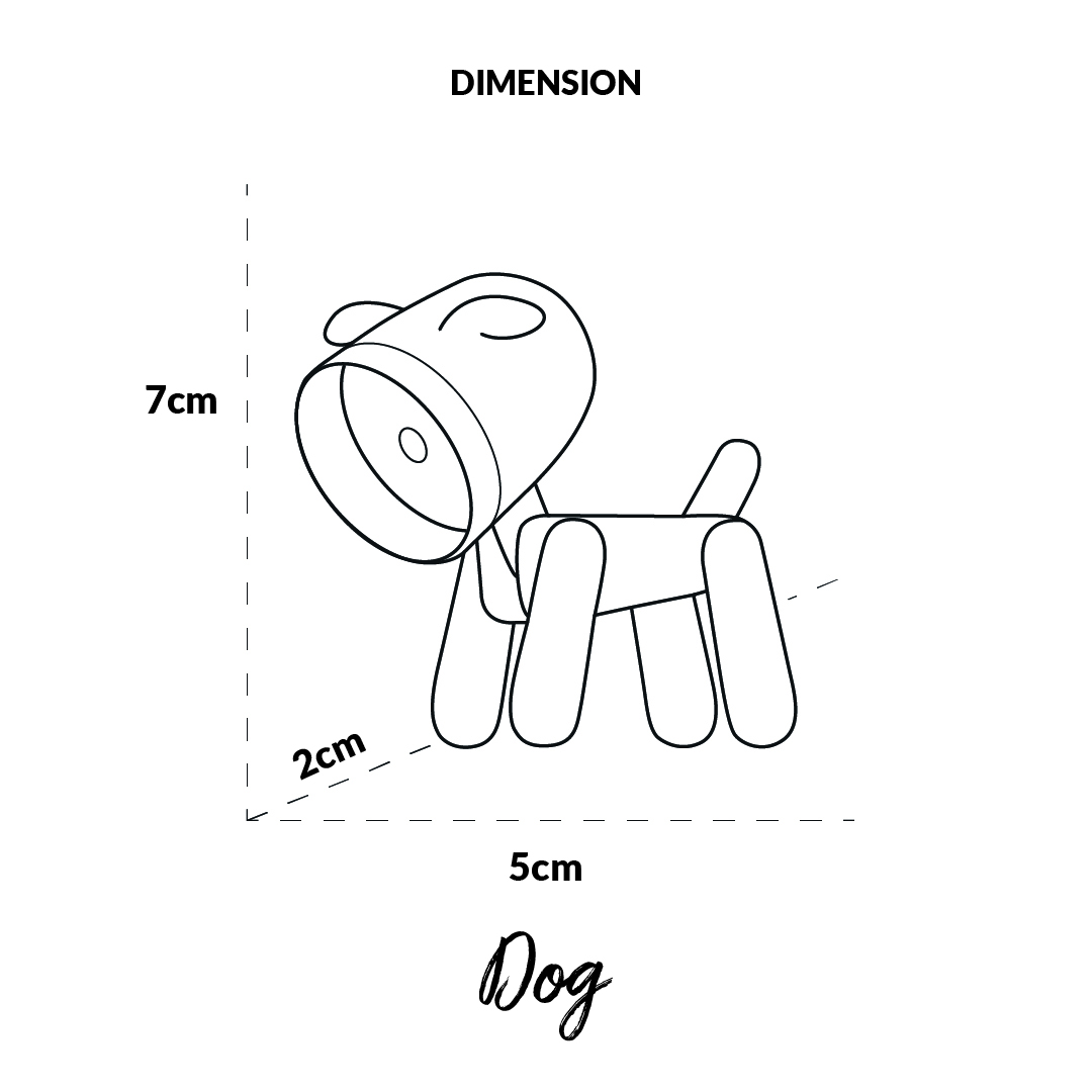 Un semplice disegno al tratto di un cane con dimensioni: altezza 7cm, larghezza 5cm, profondità 2cm.