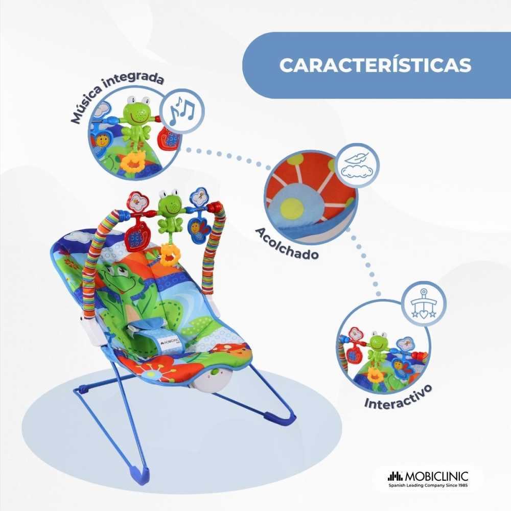 Un balancín de bebé colorido con diseño de rana, juguetes y música.