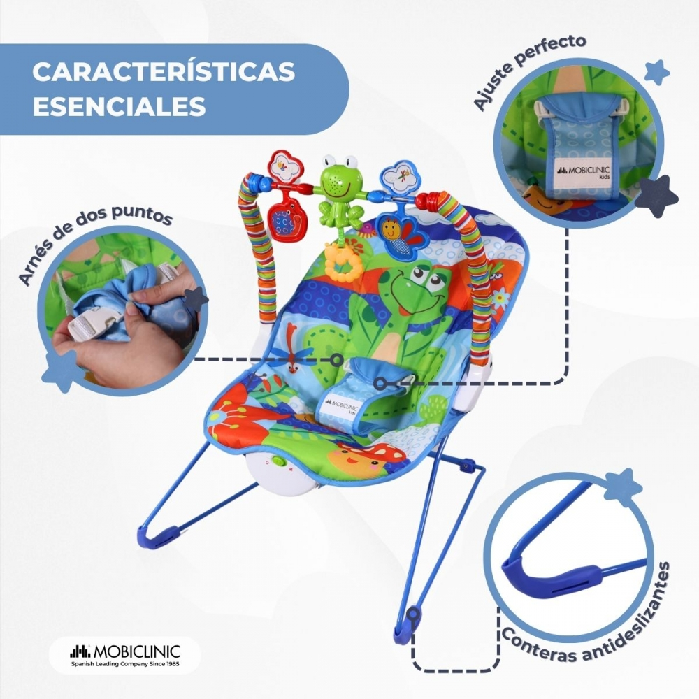 Un balancín de bebé colorido con diseño de rana, juguetes y cinturones.
