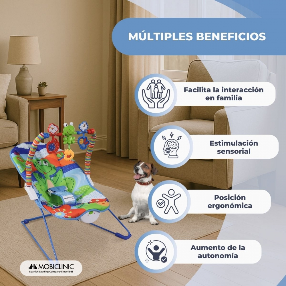 Una hamaca para bebé con ranas junto a un perro. Se listan múltiples beneficios.