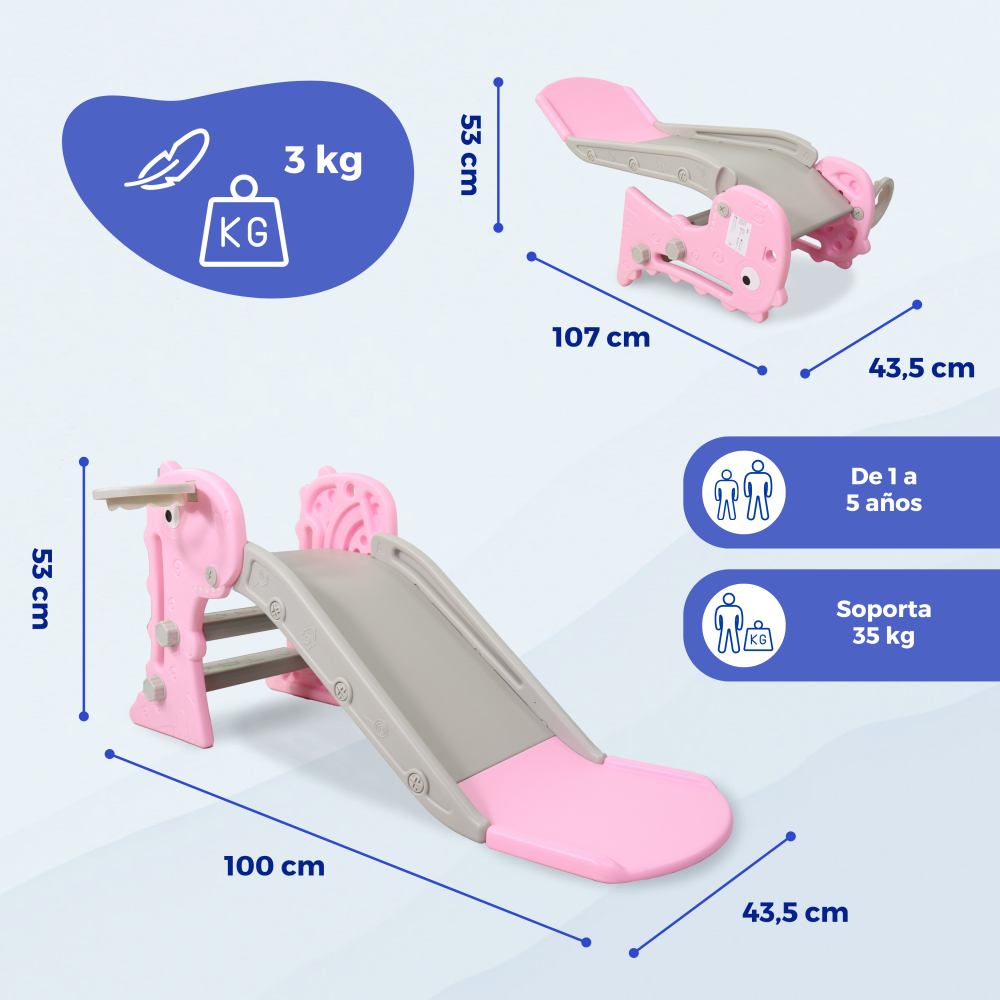 Un tobogán infantil rosa y gris con dimensiones e información de peso.
