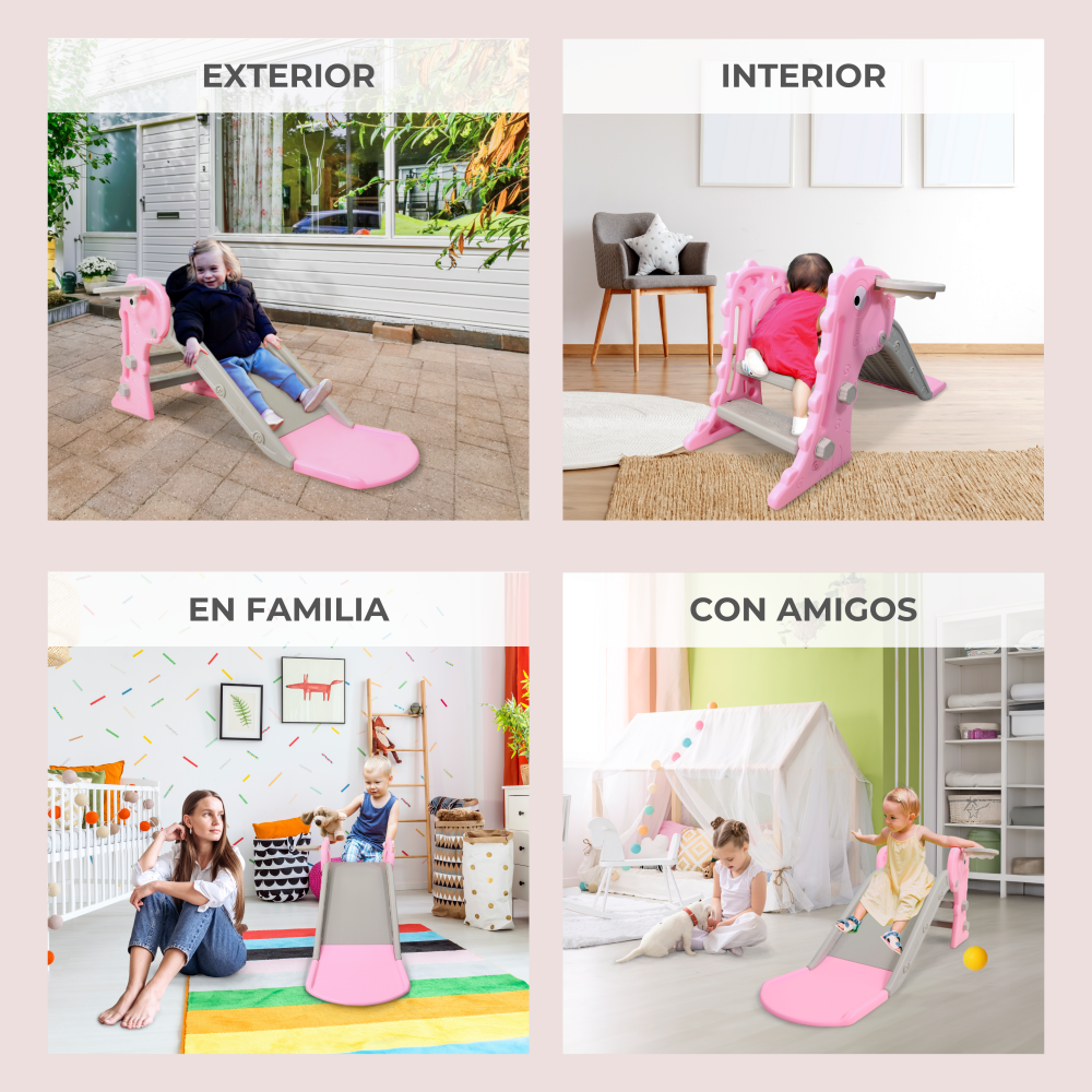 Cuatro escenas muestran niños con un tobogán rosa, en interiores y exteriores.