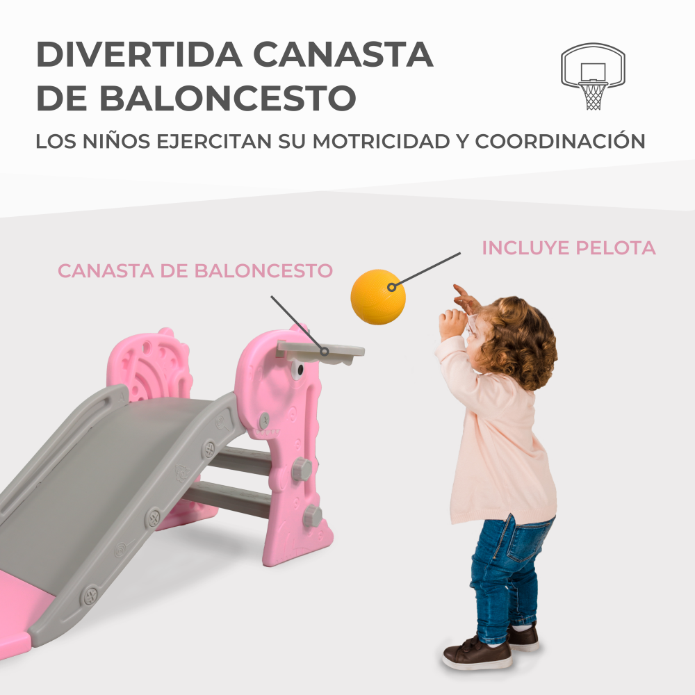 Un niño lanza una pelota amarilla a una canasta de baloncesto rosa con tobogán.