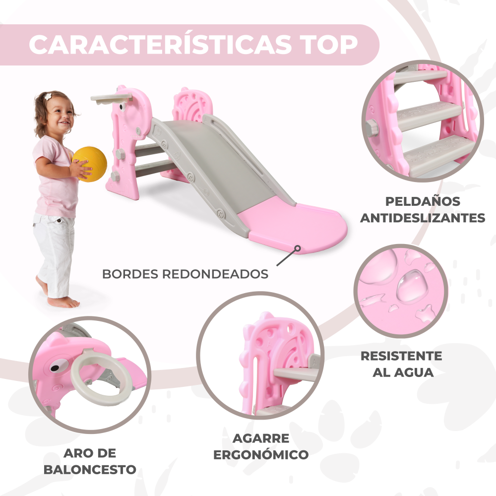 Un tobogán infantil rosa y gris con una niña sosteniendo una pelota.