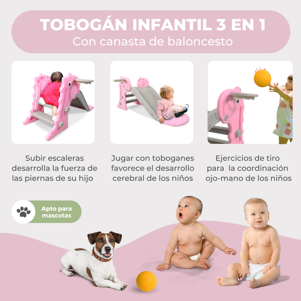 Tobogán rosa para niños con niños y perro. Apto para mascotas.