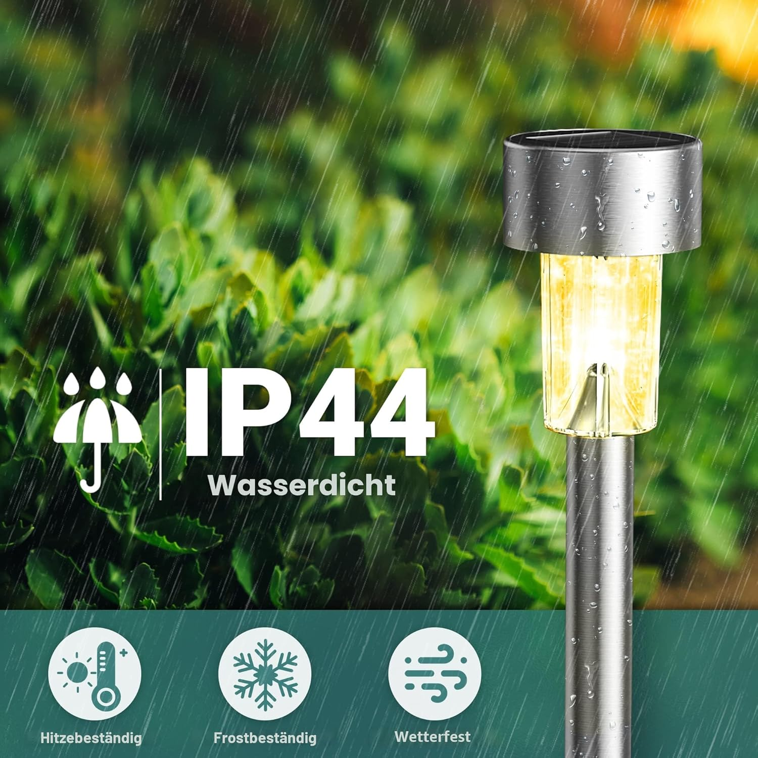 IP44 wasserdichte Solarleuchte im Regen, hitze-, frost- und wetterfest.