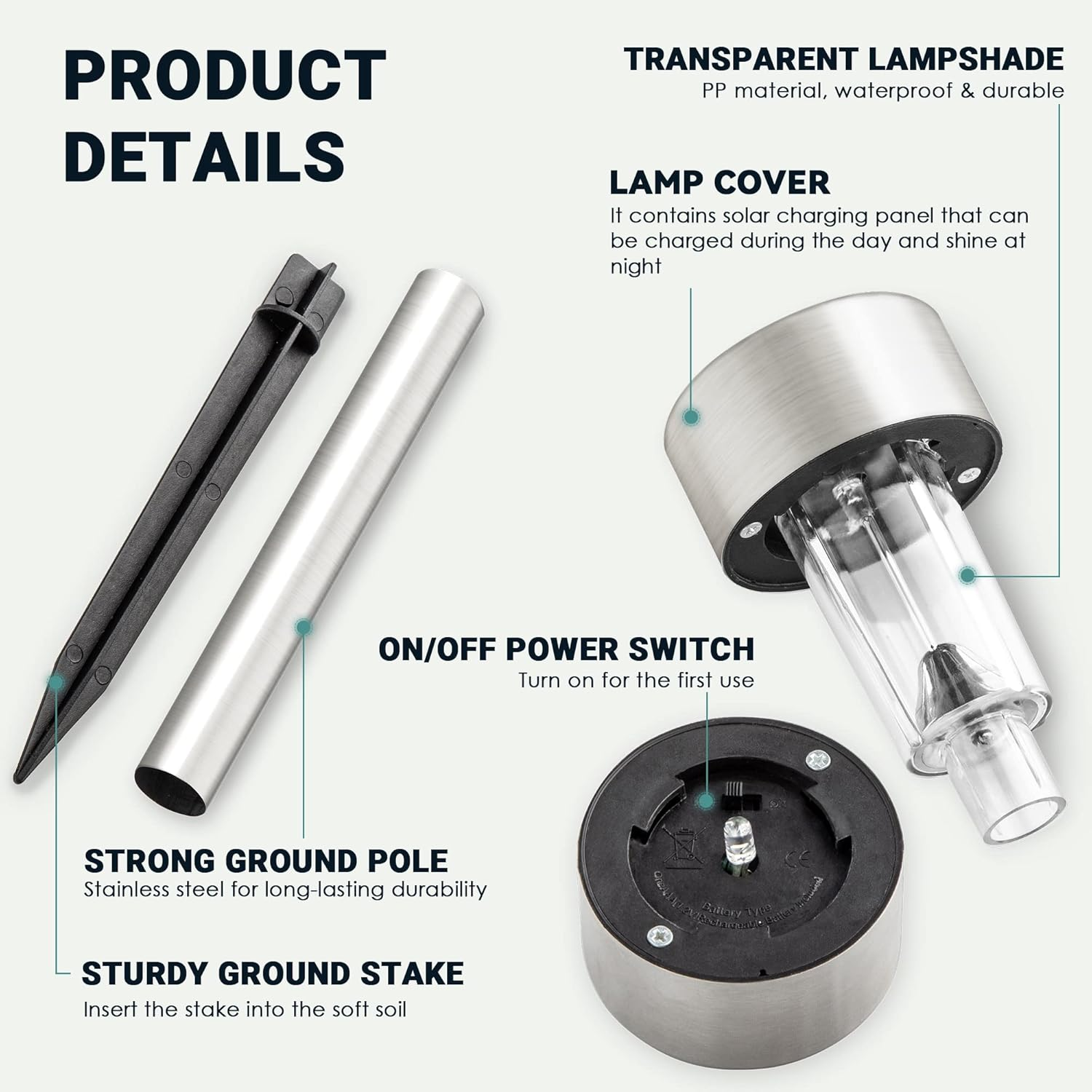 Produktbild mit Erdspieß, Stange und Lampenkopf. Details zu Materialien und Funktionen.