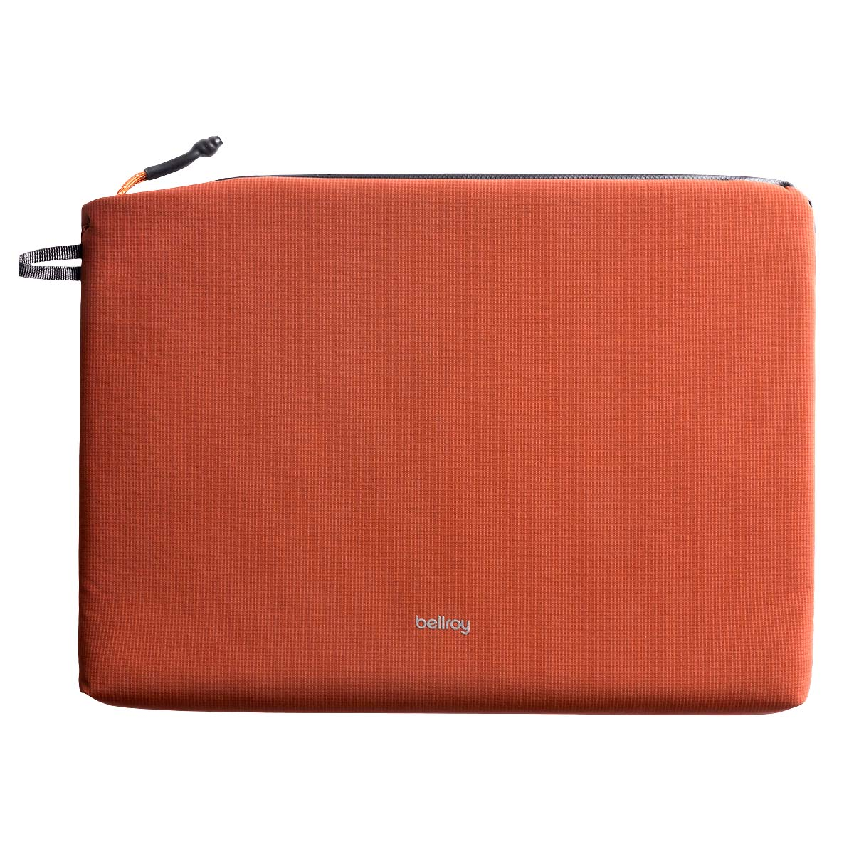 Pouch arancione con zip, anello in tessuto e tiretto.