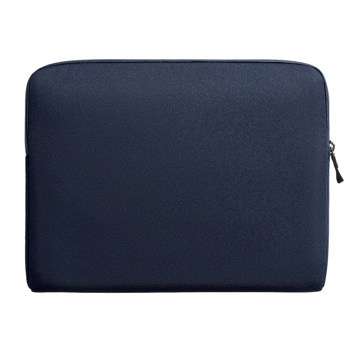 Custodia blu scuro per laptop con cerniera, materiale testurizzato.