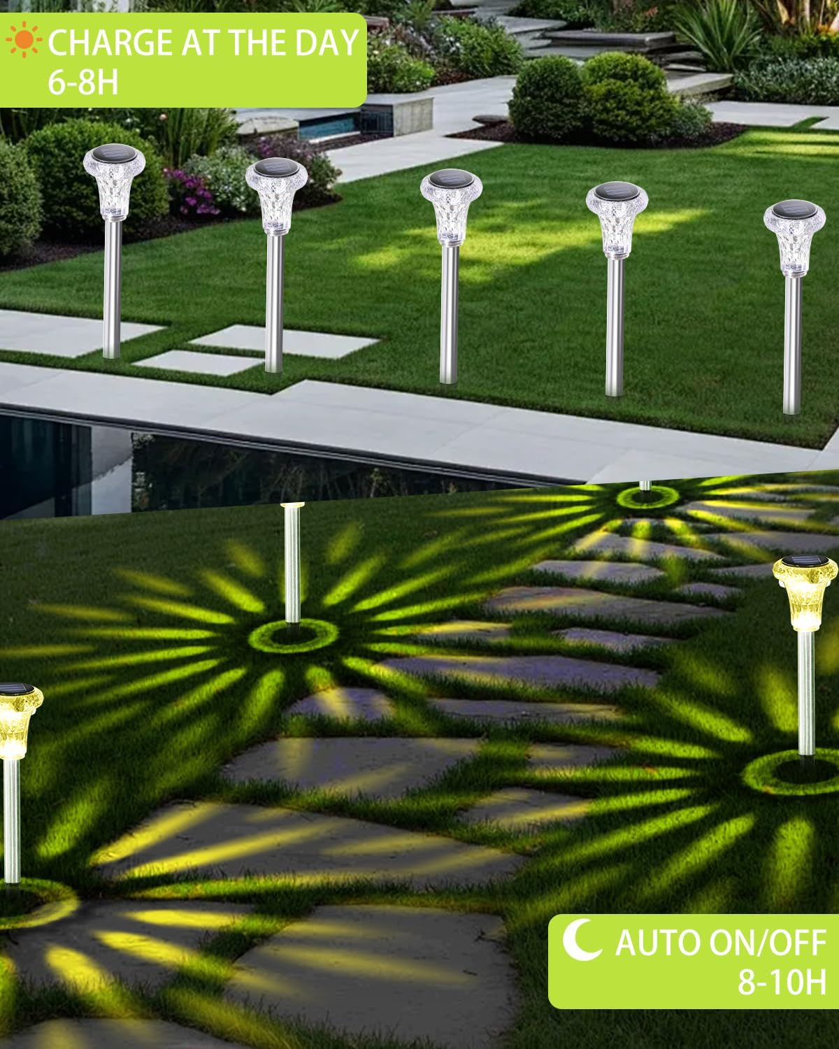 Solarleuchten auf Rasen und Steingartenweg, mit Lichtmustern am Abend.