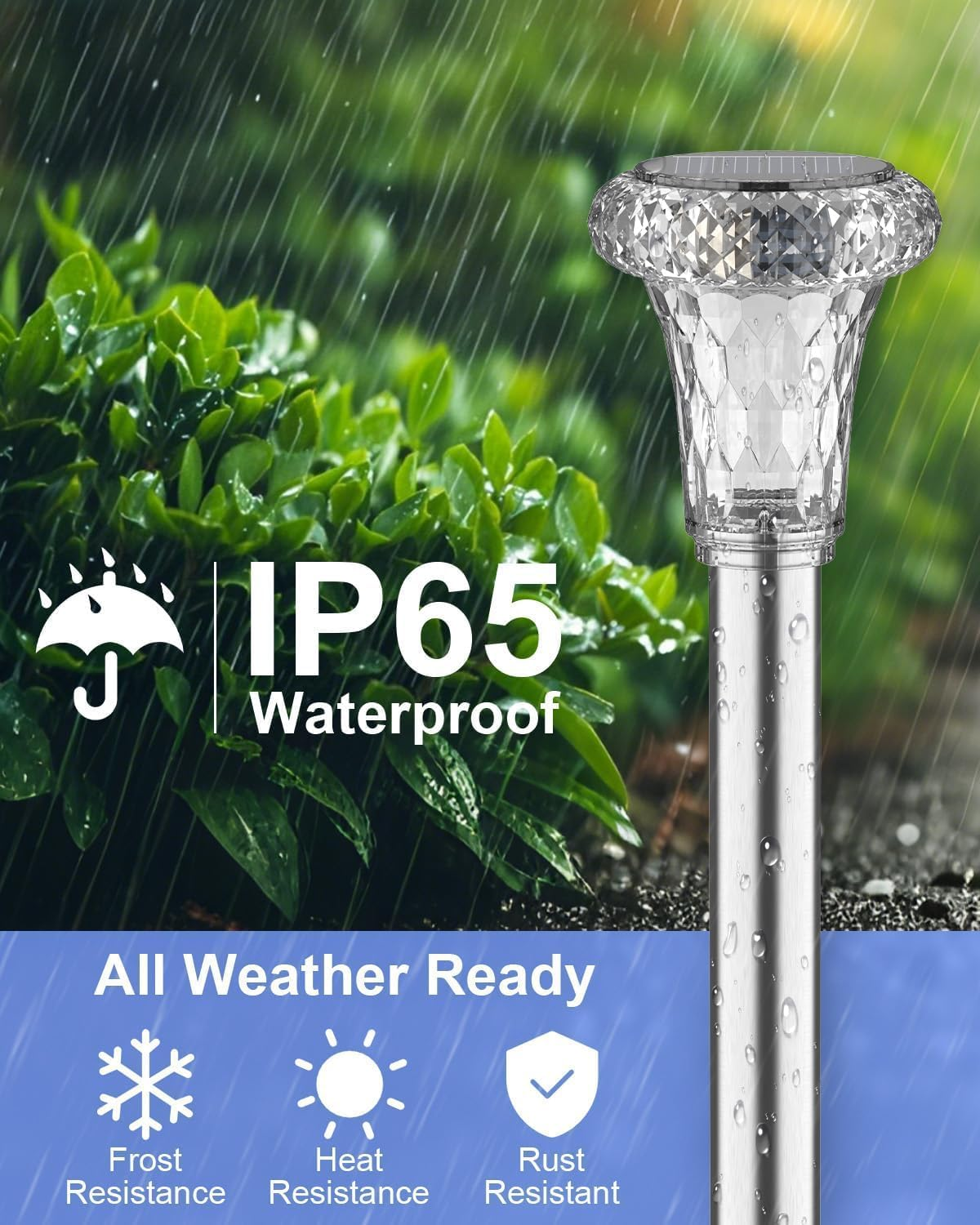 Eine Solar-Gartenleuchte mit IP65 Wasserdichtigkeit im Regen.