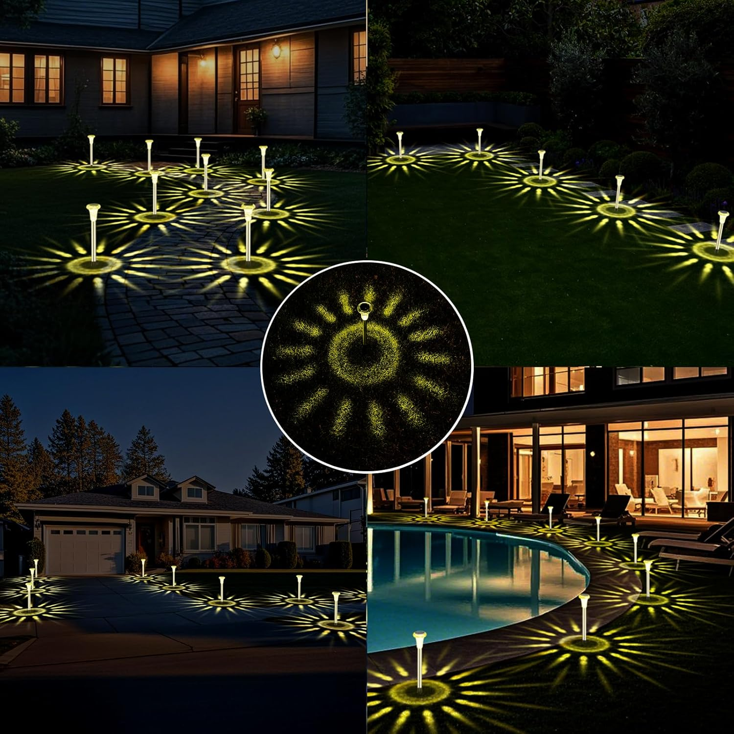 Gartenleuchten beleuchten Wege, Einfahrten und Poolbereiche mit gelben Sternenmustern.