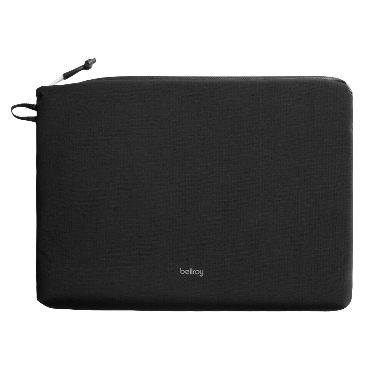 Custodia nera per laptop Bellroy con tiretto cerniera bianco.