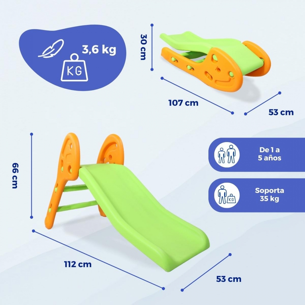 Tobogán verde con asas y escalones naranjas. Se indican las dimensiones.
