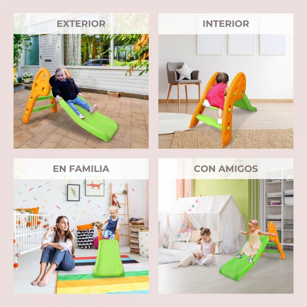 Niños se deslizan en toboganes verdes y naranjas, interior y exterior.