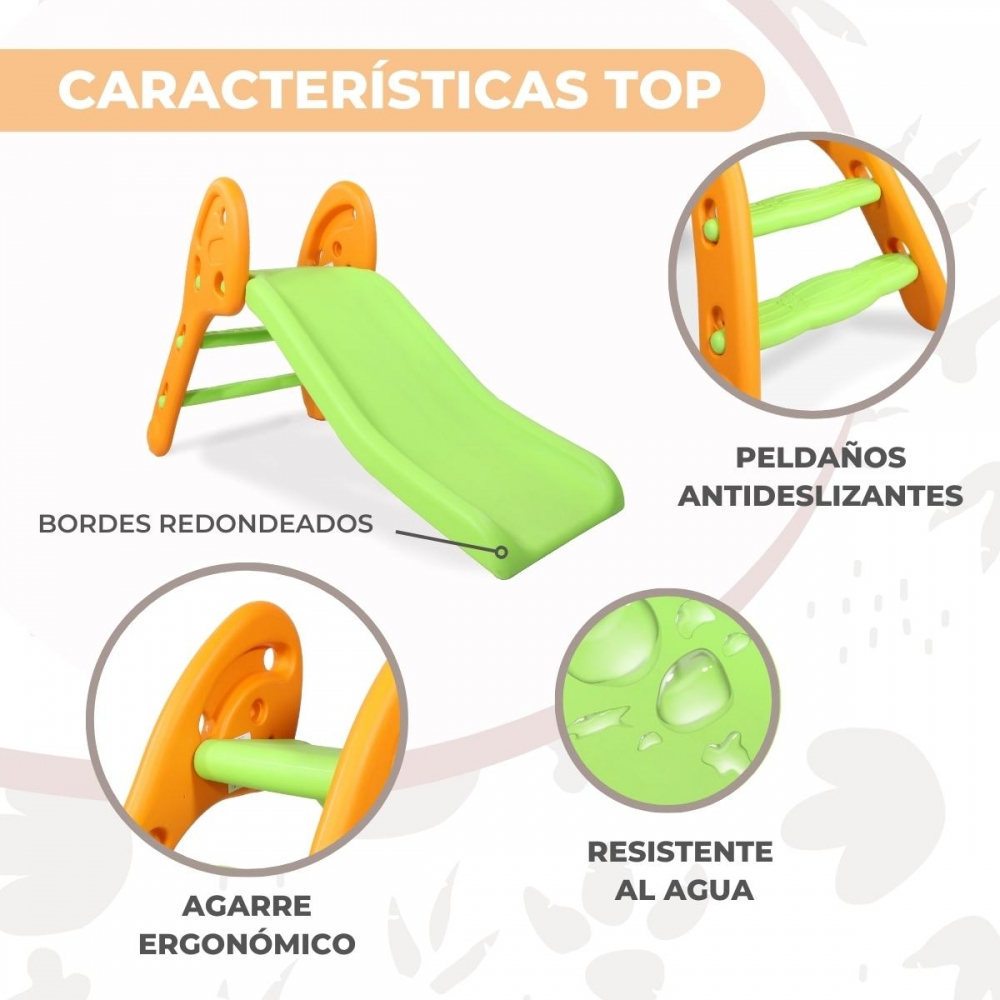 Un tobogán infantil de colores con marco naranja y tobogán verde.