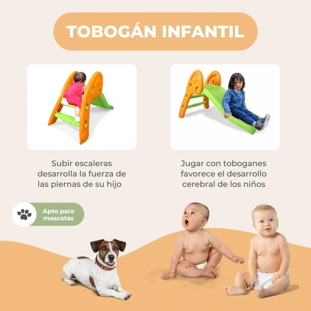 Tobogán infantil con niños y perro. Juego fomenta desarrollo.