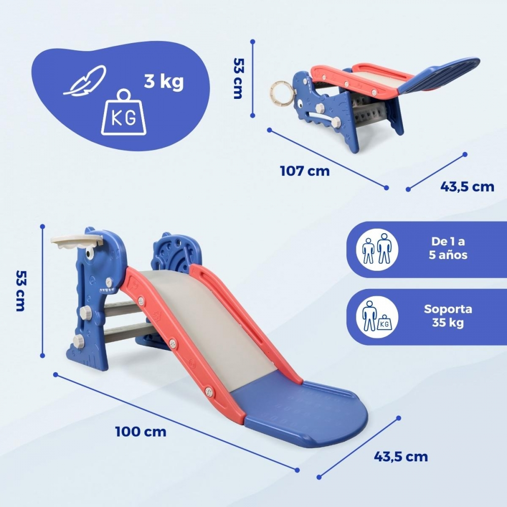 Un tobogán infantil azul y rojo con dimensiones e información de peso.