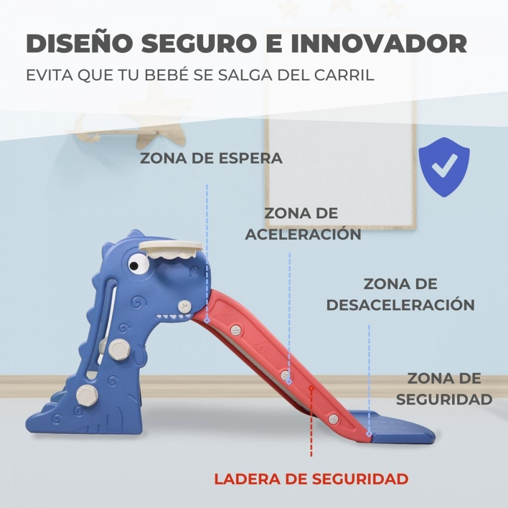 Tobogán azul de dinosaurio con escalones rojos y zonas marcadas para espera, aceleración, desaceleración y seguridad.