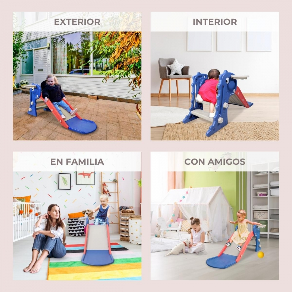 Cuatro escenas muestran un tobogán infantil azul y rojo, interior y exterior.