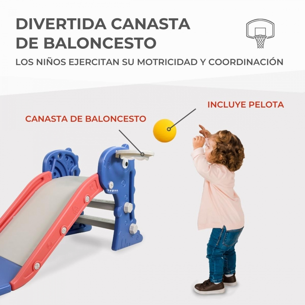 Un niño lanza una pelota amarilla a una canasta de baloncesto en un tobogán azul y rojo.