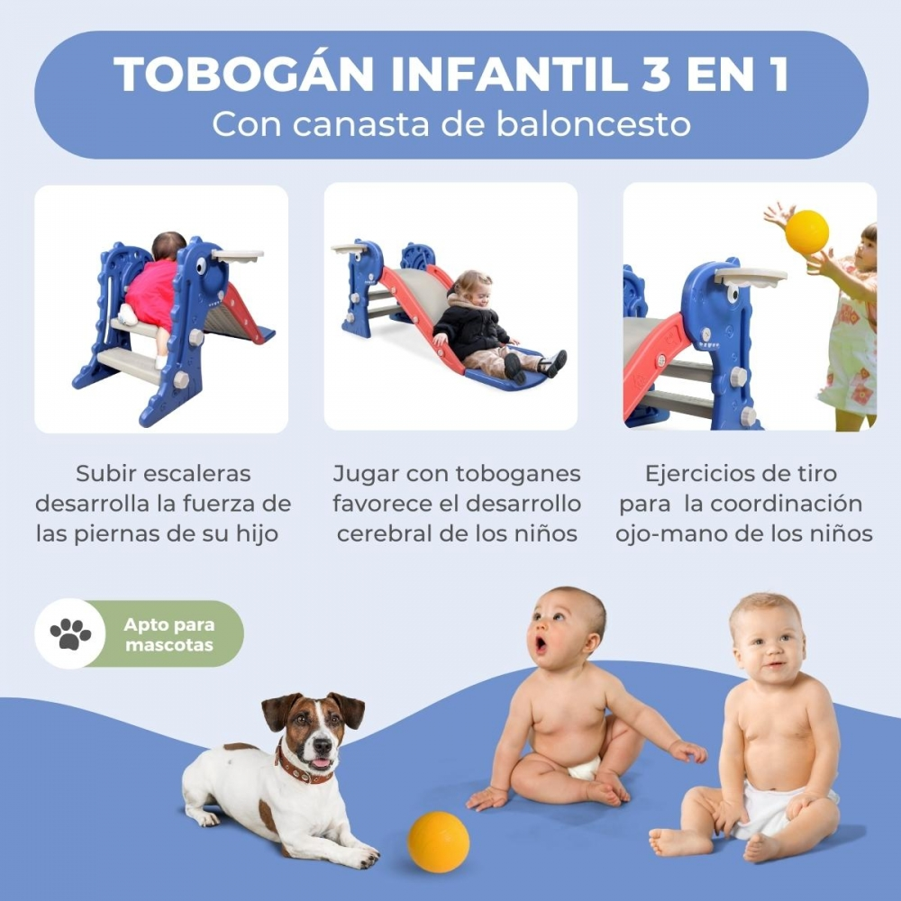 Tobogán infantil 3 en 1 con canasta, perro y bebés.