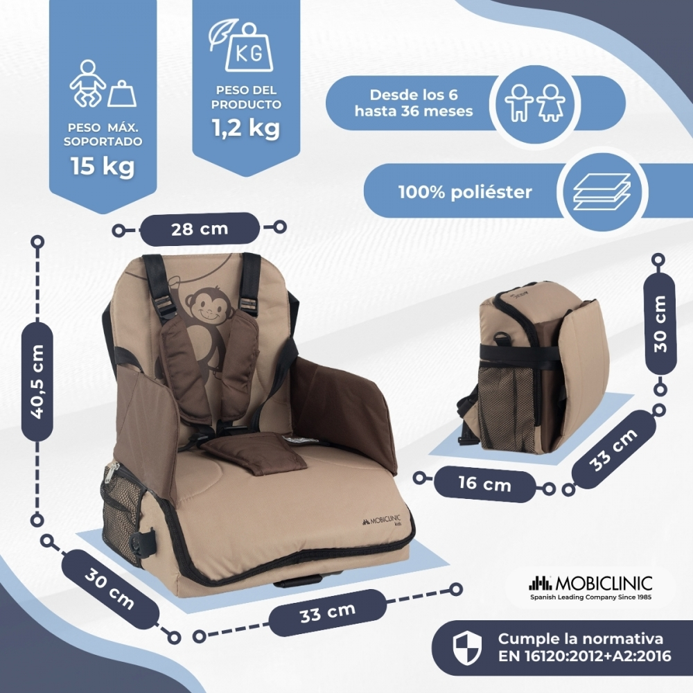 Trona beige con motivo de mono, se indican dimensiones y peso.