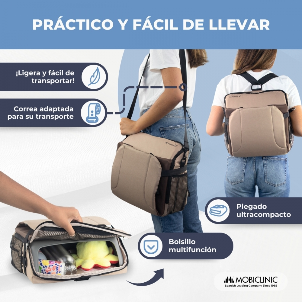 Una bolsa se muestra de lado y por detrás, con un compartimento abierto.