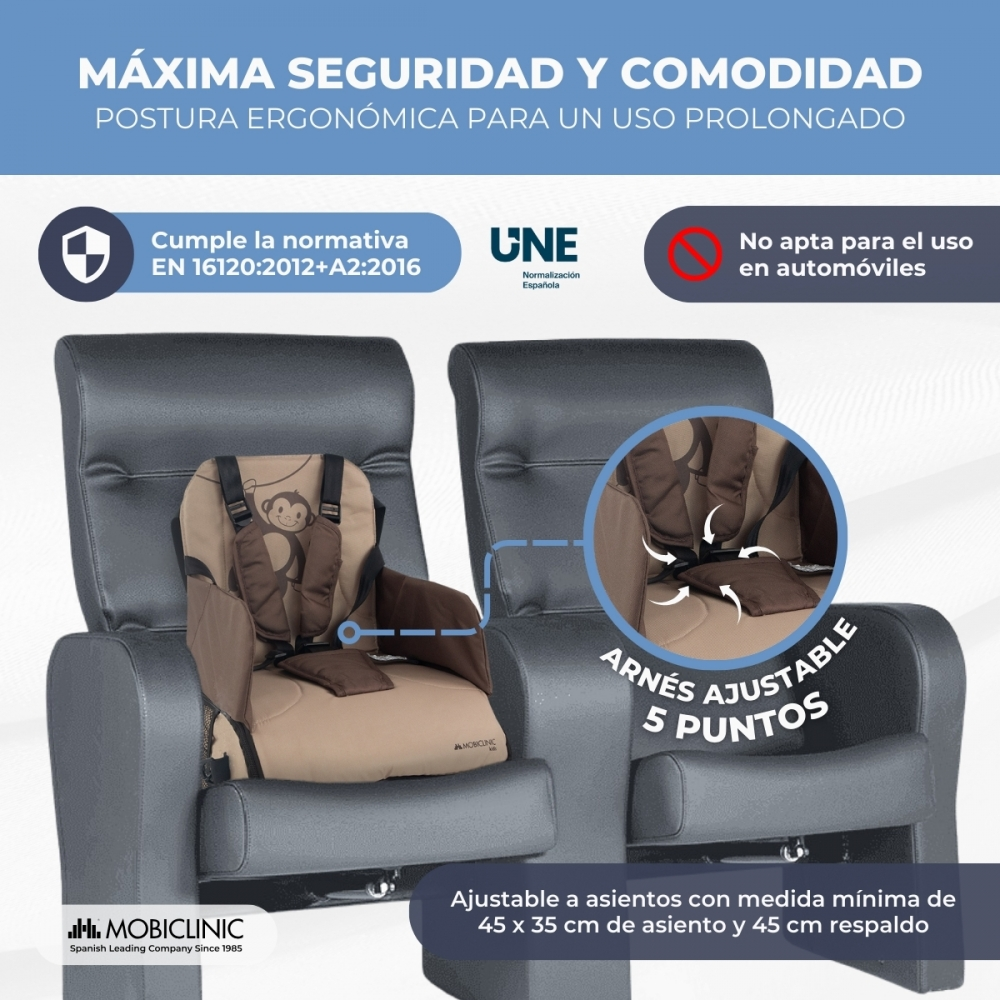 Dos sillas: una con asiento de bebé, detalle de arnés resaltado. Texto: Máx. seguridad y comod.